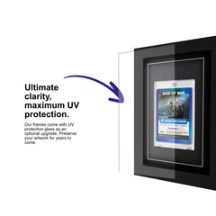 Cheevo Gaming collectors card in a frame equipped with UV protective glass to protect the card for years