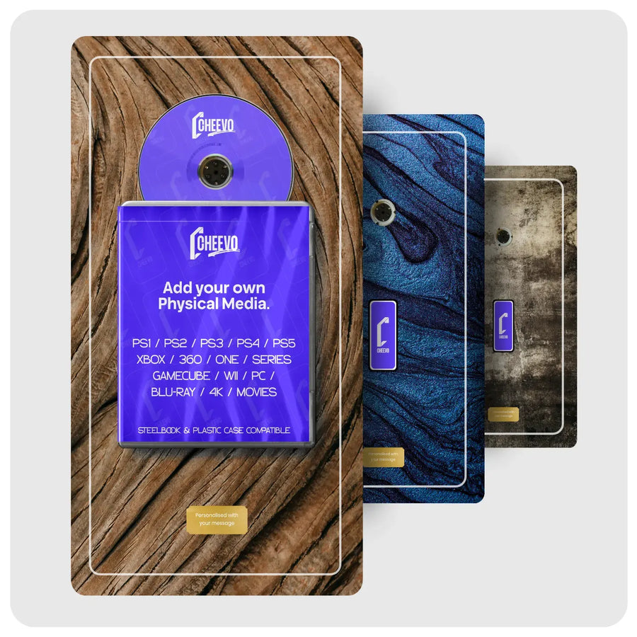Three Cheevo branded physical media displays with matching discs, displayed on a light gray background. The front case features a brown wood-grain pattern with a purple Cheevo logo, while the two cases behind it show blue marbled and dark textured designs.