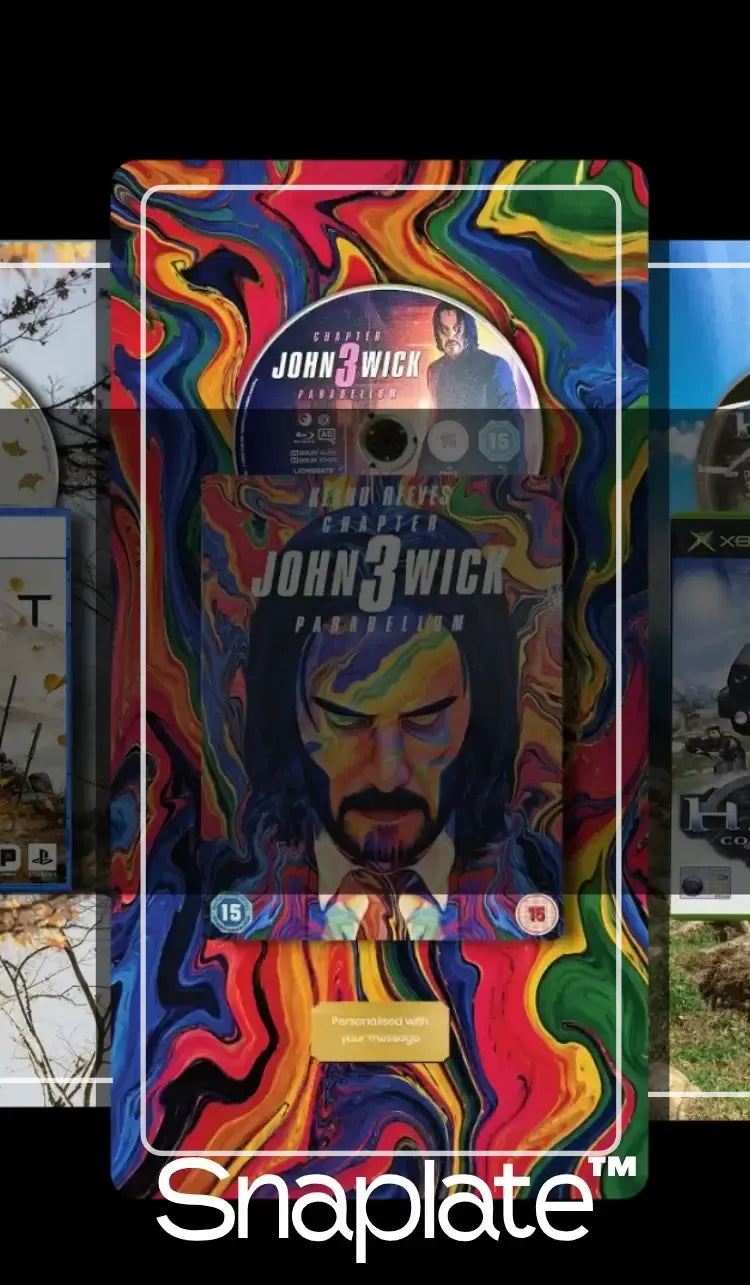 A Snapplate branded Cheevo display featuring a colorful, psychedelic swirl pattern with a stylized portrait of John Wick. The case is shown centered against a dark background with other phone cases partially visible in the blurred margins.