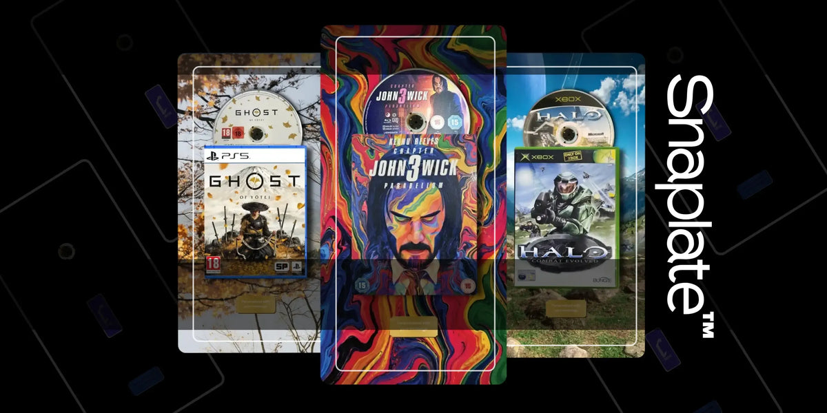 Three plates displayed vertically on a black background, each featuring different video game artwork: Ghost of Yotei, John Wick: Chapter 4, and Halo. The center case is the most prominent, with a colorful abstract design and the words 'John Wick: Chapter 3' visible.