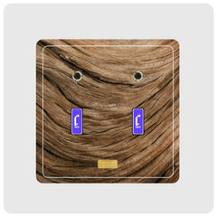 An art inspired display featuring a realistic brown wood grain pattern, with two purple rectangular Cheevo logos