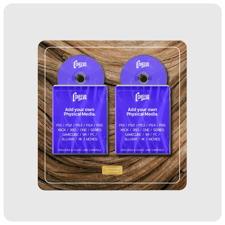 Two branded physical media cases displayed on a wood-grain insert with a white border, shown against a light gray background.