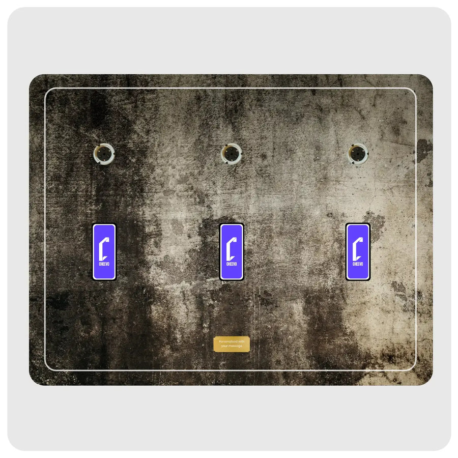 A three-placement panel with a distressed, weathered concrete or metal texture. Each is rectangular and features a vibrant blue background with a white Cheevo icon.