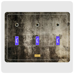 A three-placement panel with a distressed, weathered concrete or metal texture. Each is rectangular and features a vibrant blue background with a white Cheevo icon.