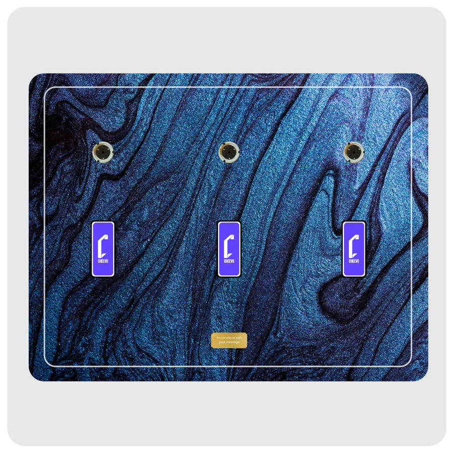 A three plate cover featuring a dark blue and black marbled grain pattern, with three purple rectangular Cheevo logos inserts and a small gold plate at the bottom center.