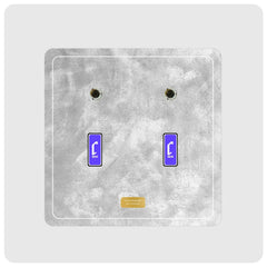 a modern artwork display plate featuring a textured gray concrete-style faceplate with two blue rectangular switches displaying white Cheevo logo and gold plate