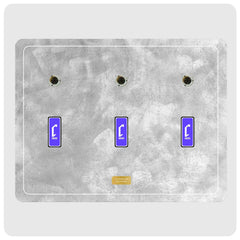 A three-placement plate cover featuring a distressed gray concrete or stone texture, with three DVD spindles at the top and three blue rectangular displays with white Cheevo logos