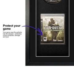 Call Of Duty 4: Modern Warfare for PlayStation 3 displayed in a frame with a plastic slipcase for safely attaching and removing the game case without damage