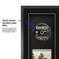 Call Of Duty 4: Modern Warfare for PlayStation 3 displayed in a frame with a spindle to safely attach and remove the game disc