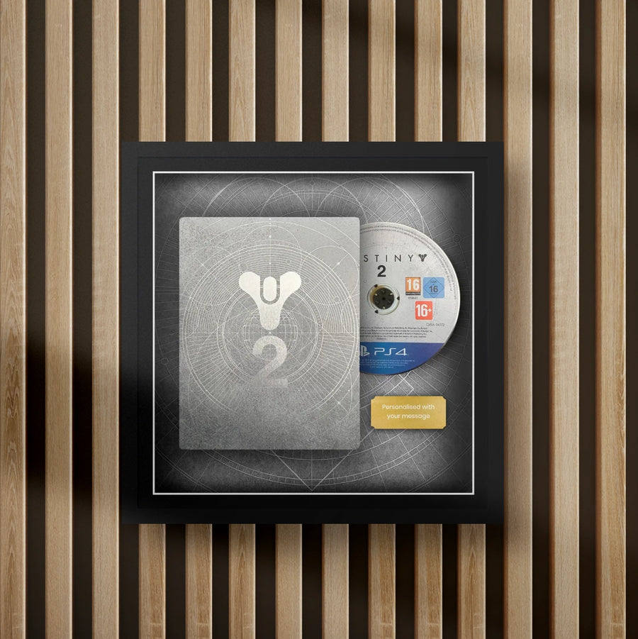 destiny 2 steelbook display frame with full colour background on a slat wall