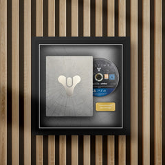 destiny steelbook display frame with full colour background on a slat wall