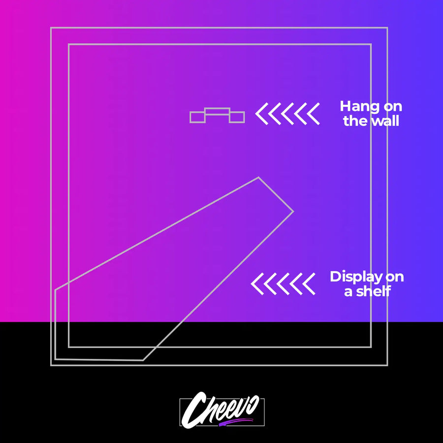 Back of a Cheevo frame showing the frame leg and wall hanger