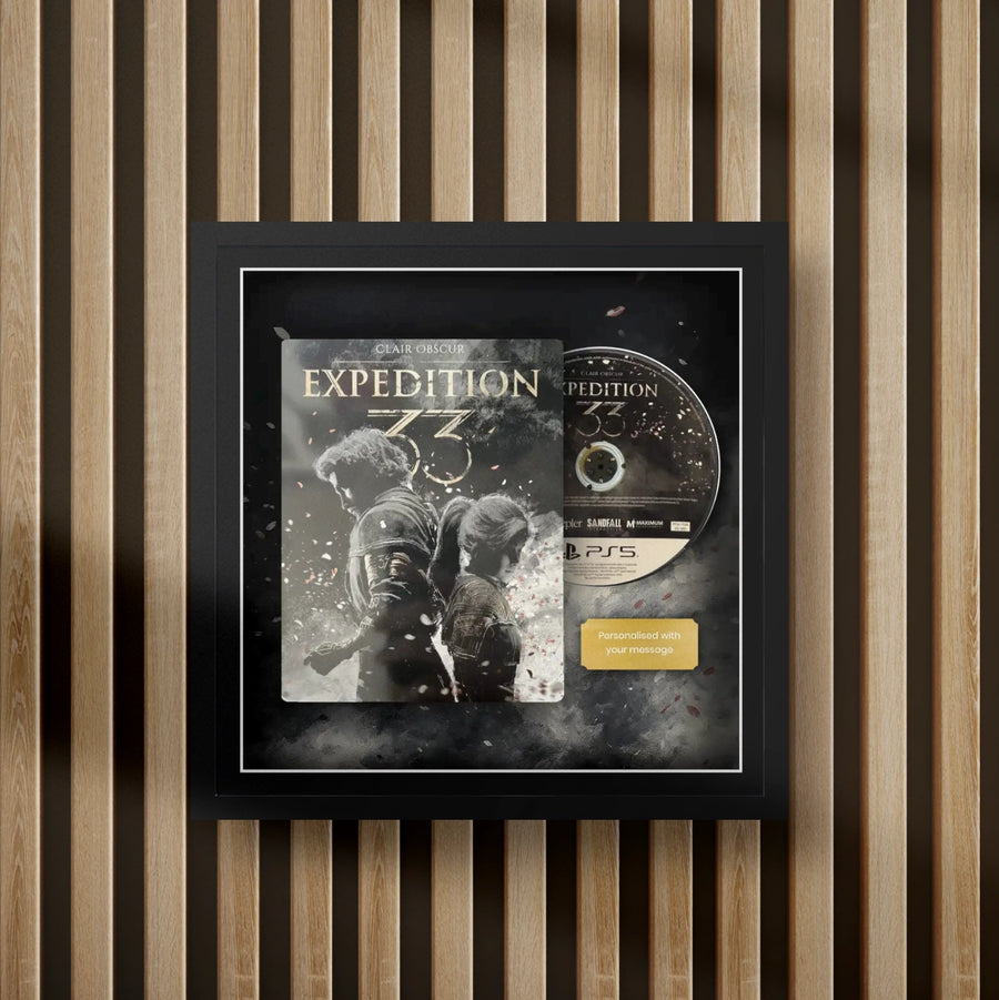 expedition 33 steelbook display frame with full colour background on a slat wall