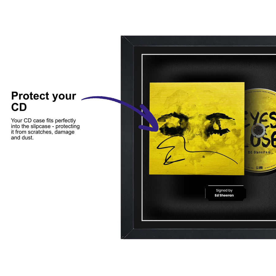 Audio CD displayed inside a frame, with a plastic slipcase to safely attach and remove your CD without damage