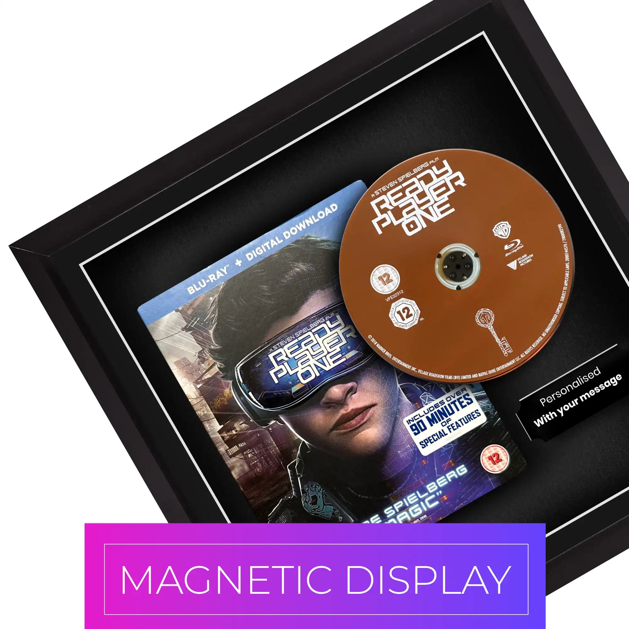 Frame a bluray dvd movie. Display any bluray case and disc in this magnetic frame.