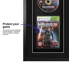 Frame a game: Mass Effect 3 for Xbox 360 displayed inside a frame, with a plastic slipcase to safely attach and remove the game case without damage.