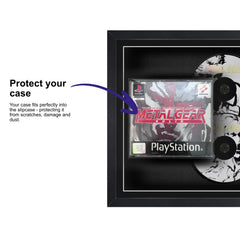 Frame a game: Your PlayStation 1 video game 2-disc set displayed within this square frame, featuring a plastic slipcase to safely attach and remove the game case without damage.