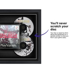 Frame a game: Your PlayStation 1 video game 2-disc set displayed within this square frame, featuring a spindle for safely attaching and removing the game discs.