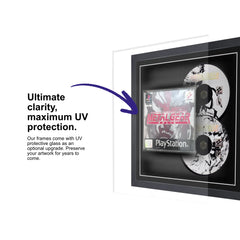 Frame a game: Your PlayStation 1 video game 2-disc set displayed within this square frame with UV protective glass to protect the game for years.