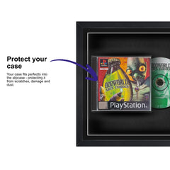 Frame a game: Your PlayStation 1 video game displayed within this square frame, featuring a plastic slipcase to safely attach and remove the game case without damage.