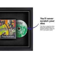 Frame a game: Your PlayStation 1 video game displayed within this square frame, featuring a spindle for safely attaching and removing the game disc.