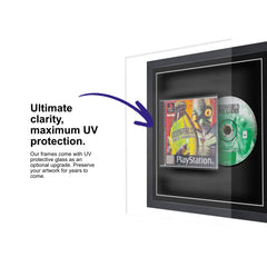 Frame a game: Your PlayStation 1 video game displayed within this square frame with UV protective glass to protect the game for years.