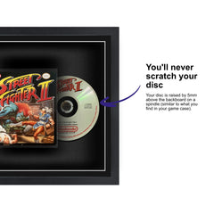 Your game music soundtrack CD displayed within this square frame, featuring a spindle for safely attaching and removing the CD.