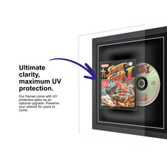 Your game music soundtrack CD displayed within this square frame with UV protective glass to protect the CD for years.