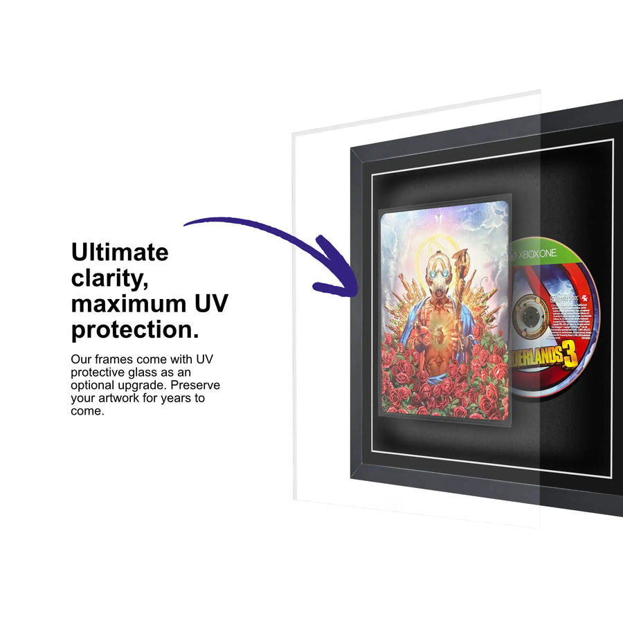 Frame a game: Your Xbox One steelbook displayed within this square frame with UV protective glass to protect the game for years.