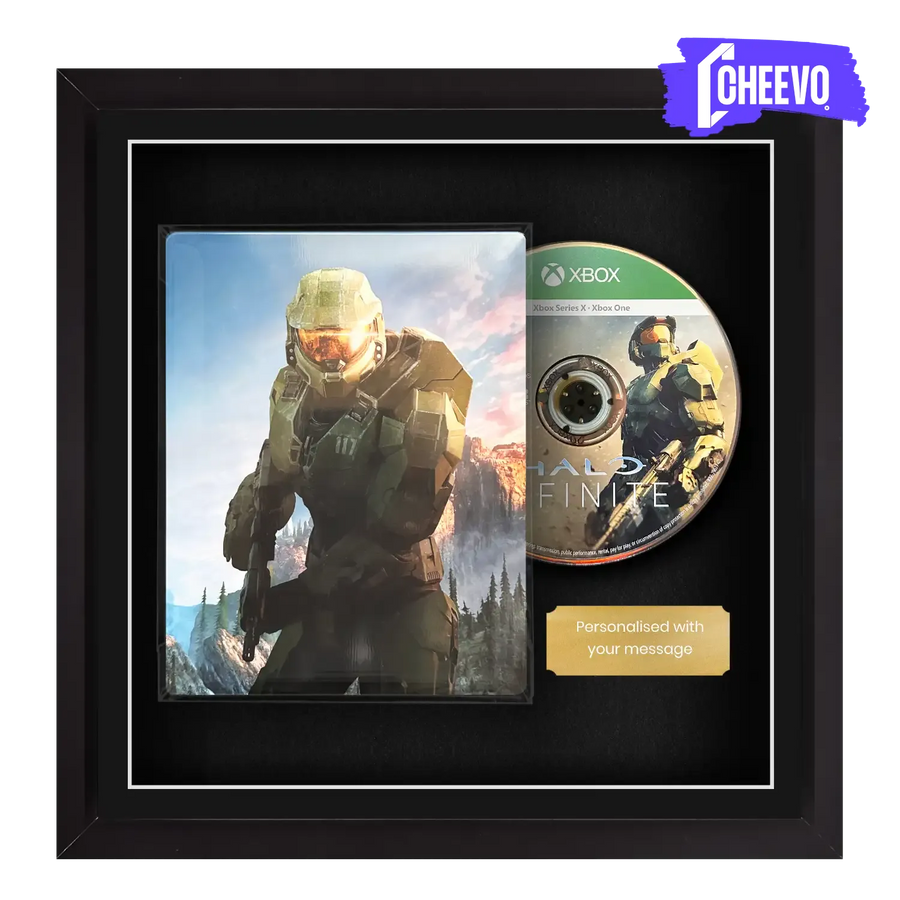 Frame a game and disc side by side in this frame. Display xbox video games with Cheevo. Perfect way to celebrate your collection. Frame games such as Halo Infinite, Gears 5, Call of Duty, Starfield, Forza, Red Dead 2.