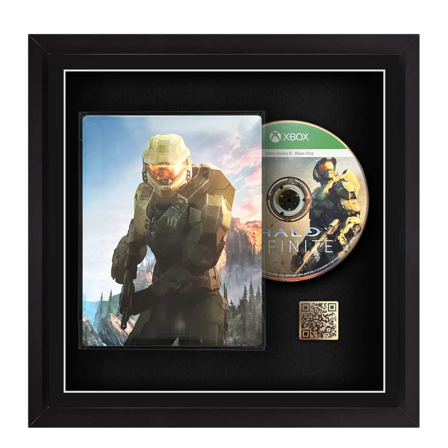 Frame a game and disc side by side in this frame. Display xbox video games with Cheevo. Perfect way to celebrate your collection. Frame games such as Cyberpunk 2077, Elden Ring, Resident Evil, Assassin’s Creed