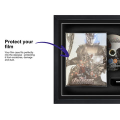 Frame a movie: Your Blu-ray / 4K movie displayed within this square frame, featuring a plastic slipcase to safely attach and remove the movie case without damage.