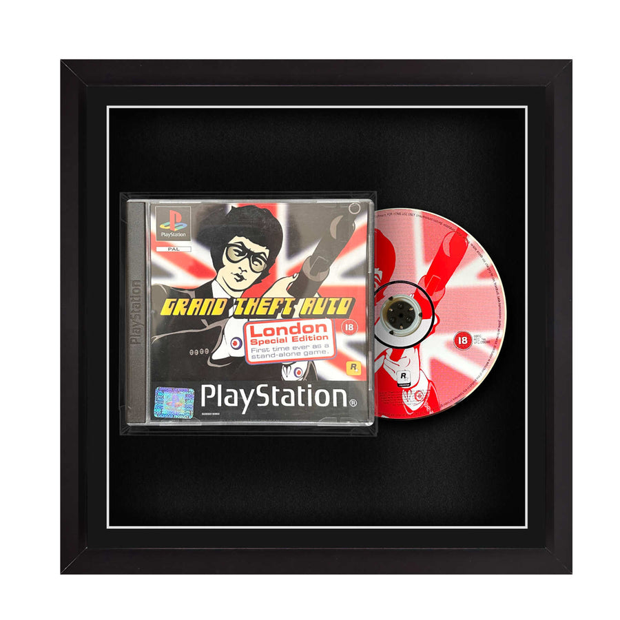 Frame a video game playstation 1 ps1 display with the Cheevo frames. Safely present a game. Dino Crisis, Twisted Metal, MediEvil, Ape Escape, Legend of Dragoon, Ridge Racer.