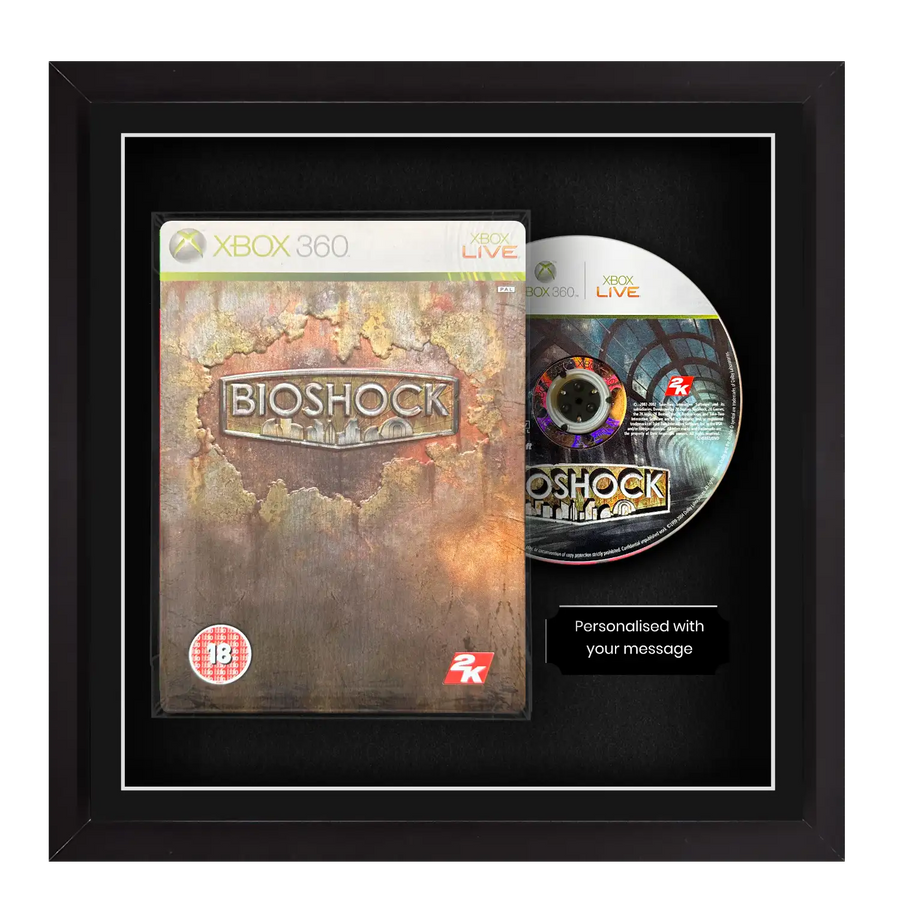 A framed video game of Bioshock on Xbox 360. This steelbook frame is made to display video games on your wall or desk. Frame any video game with Cheevo displays