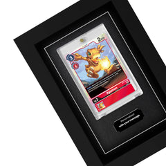 Framed Digimon trading card inside of a frame with an engraved plaque