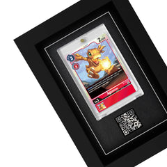 Framed Digimon card with a scannable QR code inside