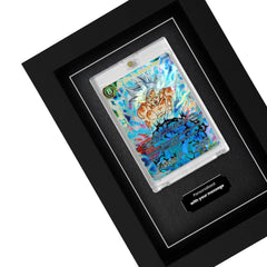 Framed Dragon Ball Super trading card inside of a frame with an engraved plaque