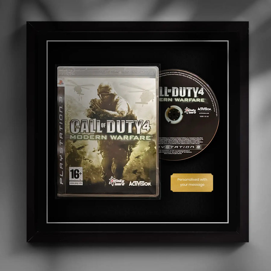 Frame any playstation 3 ps3 video game case and disc safely. Display a game with Cheevo frames. Framed Call of Duty with a gold personalised plaque.