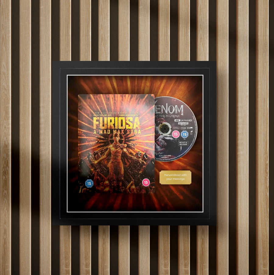 furiosa steelbook display frame with full colour background on a slat wall