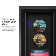 Frame your own GameCube game within a frame, featuring a spindle for safely attaching and removing the game disc