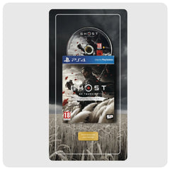 Ghost of Tsushima Special Edition for PlayStation 4, featuring the game's cover art, a disc, and a gold 'Special Edition' plaque, presented on a black vertical plate against a dark wheat field background.