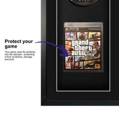 A video game displayed inside a frame, featuring Grand Theft Auto 5 for PlayStation 3, with a plastic slipcase to safely attach and remove the game case without damage.