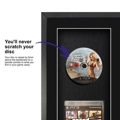 A video game displayed inside a frame, featuring Grand Theft Auto 5 for PlayStation 3, with a spindle for safely attaching and removing the game disc.