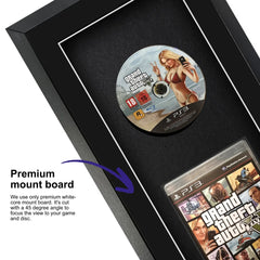 A video game displayed inside a frame, featuring Grand Theft Auto 5 for PlayStation 3, highlighted by a premium mount board to focus on the game.