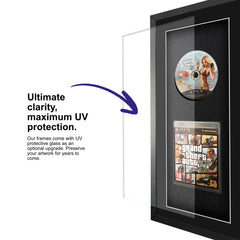 A video game displayed inside a frame, featuring Grand Theft Auto 5 for PlayStation 3, equipped with UV protective glass to protect the game for years