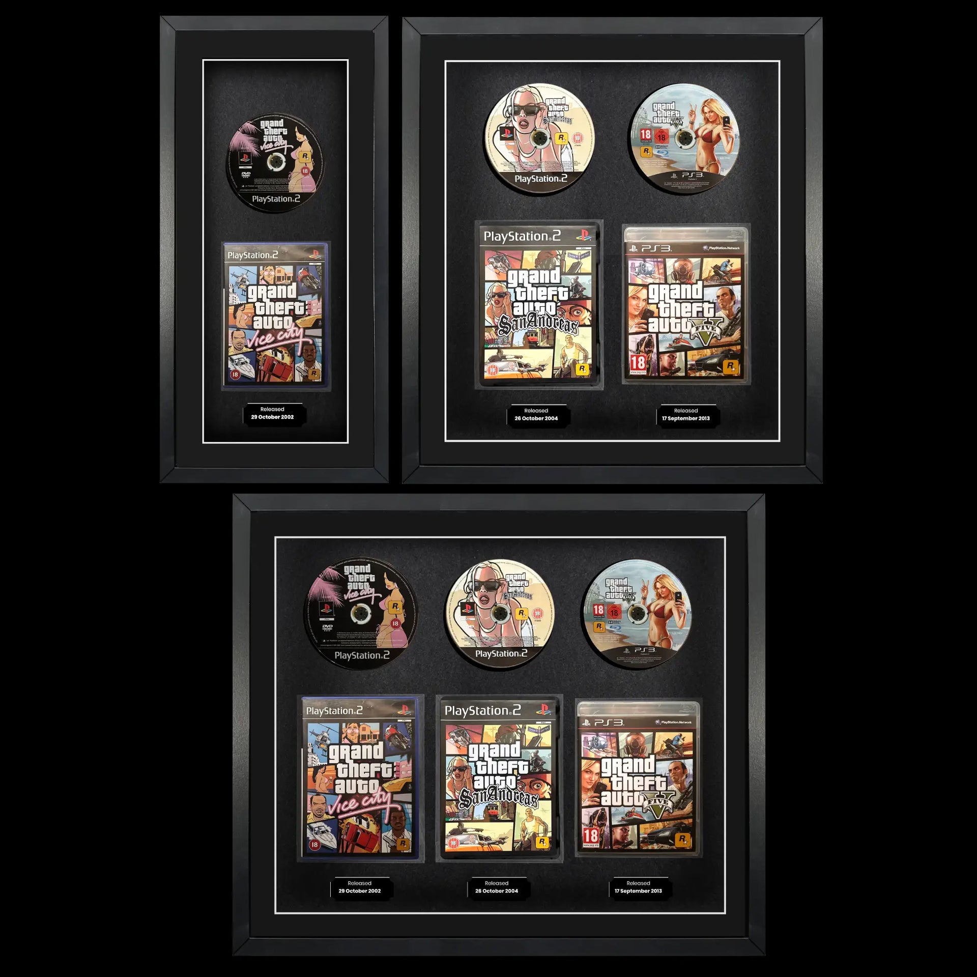 Three large black modern frames displaying one, two, or three games from the Grand Theft Auto franchise: Grand Theft Auto Vice City, Grand Theft Auto San Andreas, and Grand Theft Auto 5