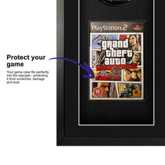 Grand Theft Auto: Liberty City for PlayStation 2 displayed within a frame, featuring a plastic slipcase to safely attach and remove the game case without damage