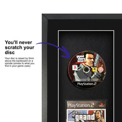 Grand Theft Auto: Liberty City for PlayStation 2 displayed within a frame, featuring a spindle for safely attaching and removing the game disc