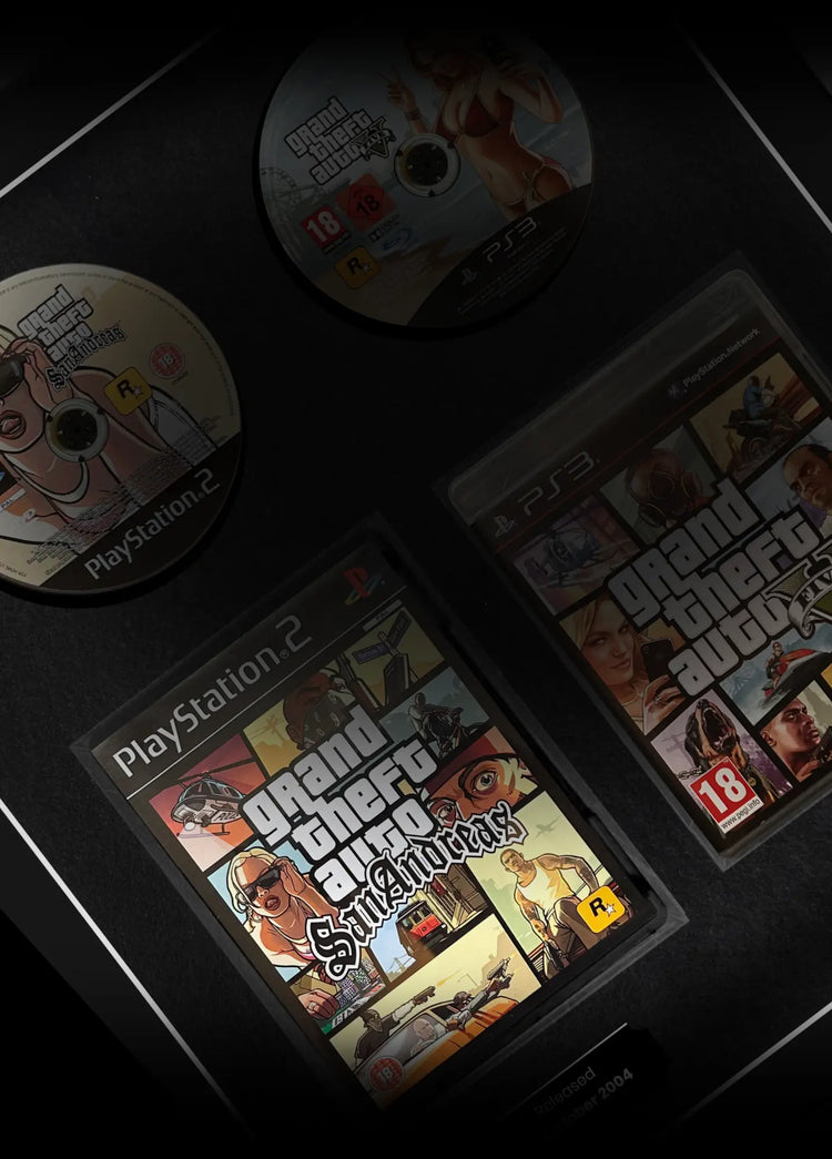 Grand Theft Auto San Andreas and Grand Theft Auto 5 displayed within a frame