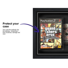 Grand Theft Auto San Andreas for PlayStation 2 displayed within a square frame, featuring a plastic slipcase to safely attach and remove the game case without damage